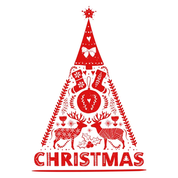 Manifesto natalizio in stile scandinavo nordico con cervi, elementi floreali, palline di Natale e calzini natalizi — Vettoriale Stock