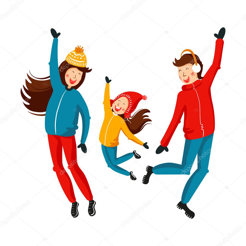 Family fun jumping in the winter holidays. Mom, dad and daughter vector illustration in cartoon style