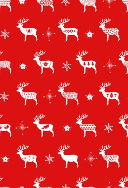 Kırmızı basit Noel geyiği tatil kutlamaları İskandinav İskandinav tarzı. Noel, Yılbaşı dekor. Basit dekorasyon elle çizilmiş ile Seamless modeli