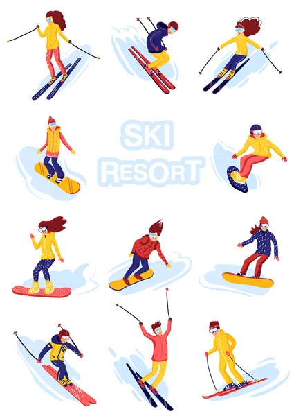 Wektor narciarzy i snowboardzistów kreskówka płaski. Mężczyzn i kobiet, w ośrodku narciarskim. Aktywność sportowa zimowa. Znaki proste. Na białym tle — Wektor stockowy