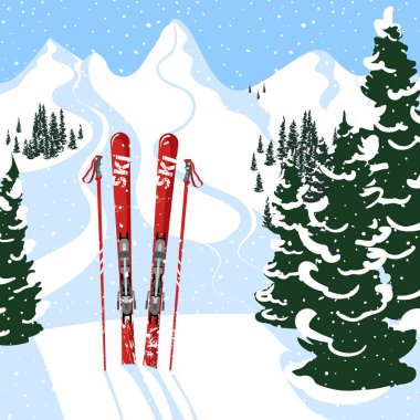 Mountain view ve kayaklar ön planda. Kış açık tatil etkinlik spor Alpler'de, dağ manzarası ve orman manzara. Düz stil