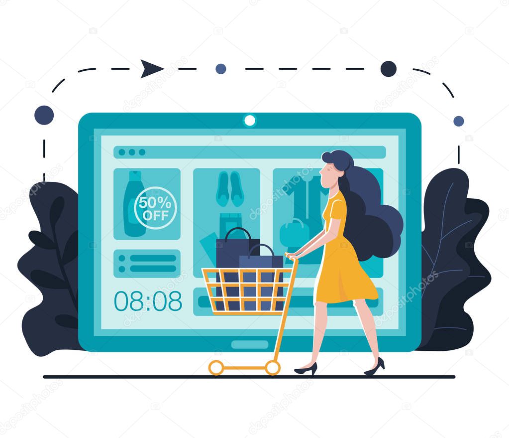 Online shopping landing page template for website or mobile. Young woman with trolley buys online. shop online using phone. Modern flat style illustration.