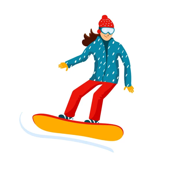 スノーボード ライダー、女性漫画します。冬のマウンテン スポーツ活動、スキー リゾート休暇。シンプルなフラット スタイルのベクトル図. — ストックベクタ