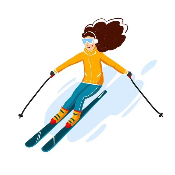 Vector skiers cartoon flat style. Woman in the ski resort. Winter sport activity. Simple characters. Isolated on white background — Stock Vector