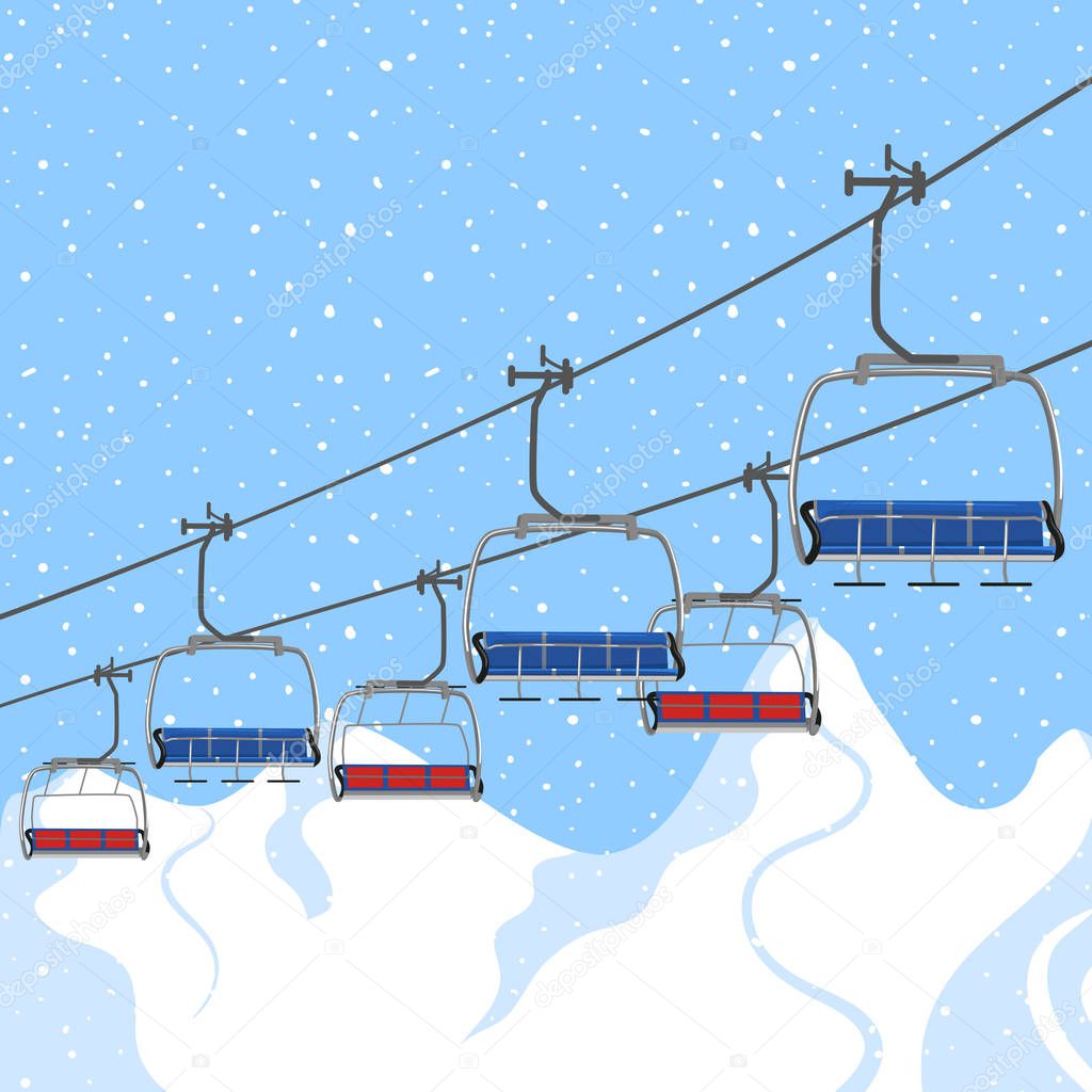 Ski resort vacation, ski lift. Winter outdoor holiday activity sport in alps, landscape with winter mountain view. Template for ski resort flyer advertising. Web banner background