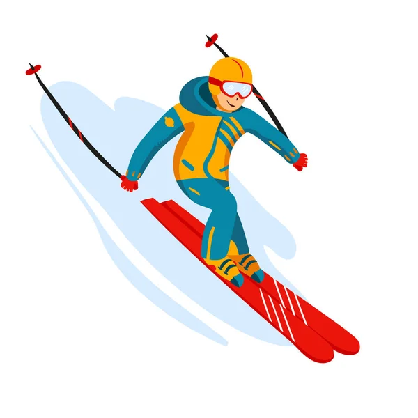 Vector skier cartoon flat style. Man in the ski resort. Winter sport activity. Simple characters. Isolated on white background — Stock Vector