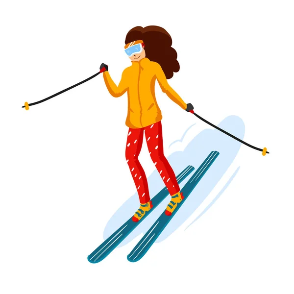 Vector skiërs cartoon vlakke stijl. Vrouw in het skigebied. Winter sport activiteit. Eenvoudige tekens. Geïsoleerd op witte achtergrond — Stockvector