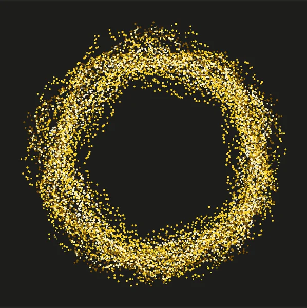 Gold sparkles and glitter powder spray frame. Sparkling glitter particles explosion on vector black transparent background. Golden round frame or luxury fireworks and confetti outburst