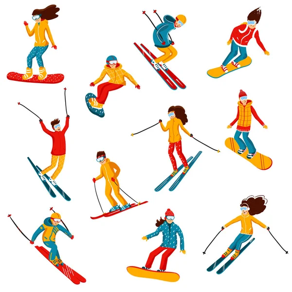 Cartoon düz stil vektör kayakçılar ve Snowboard düşkünleri. Kadın ve erkek Kayak Merkezi. Kış spor aktivitesi. Basit karakterler. Beyaz arka plan üzerinde izole