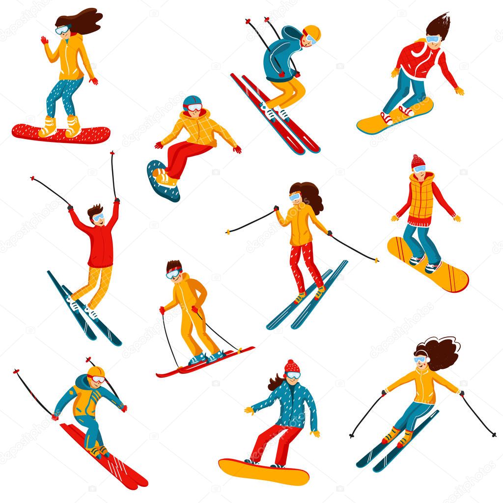 Vector skiers and snowboarders cartoon flat style. Men and women in the ski resort. Winter sport activity. Simple characters. Isolated on white background