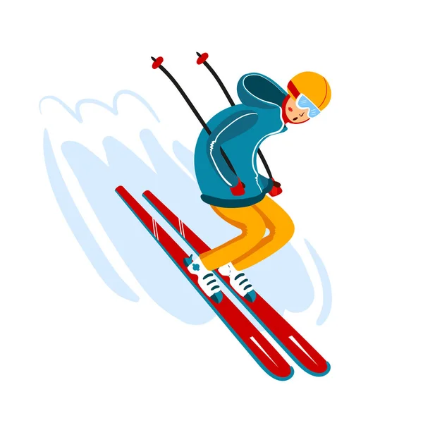 Vector skier cartoon flat style. Man in the ski resort. Winter sport activity. Simple characters. Isolated on white background — Stock Vector