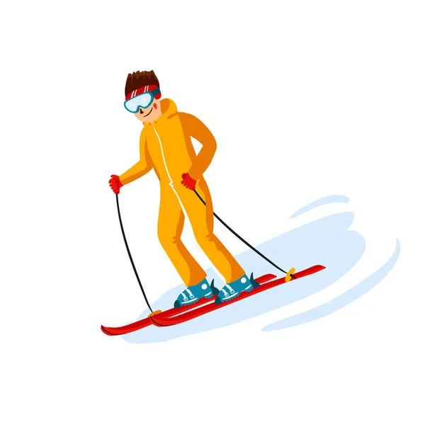 Skier vectoriel dessin animé style plat. Homme dans la station de ski. Activité sportive d'hiver. Des personnages simples. Isolé sur fond blanc — Image vectorielle