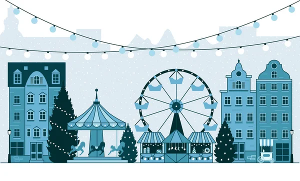 Zimní vánoční veletrh trh, šťastný nový rok a Vánoce Evropa město, stánky se suvenýry, dárkové obchody, Ruské kolo, girlandy, kolotoč s koně, vánoční stromky, ponožky, dárky. Město zimní krajina — Stockový vektor