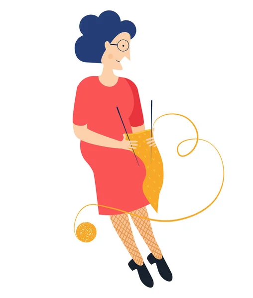 Grand-mère portant des lunettes. Grand-mère. Illustration vectorielle. Une vieille femme tricote une écharpe. Style plat moderne simple — Image vectorielle
