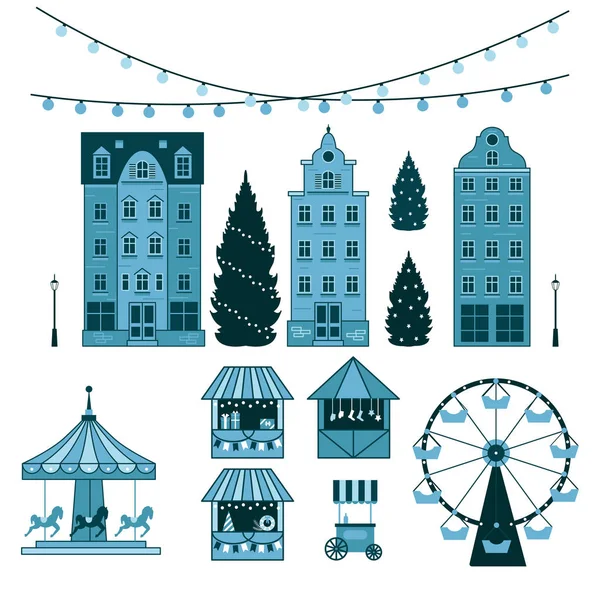 Χειμώνας Χριστούγεννα δίκαιη αγορά, ευτυχισμένο το νέο έτος και Χριστούγεννα Ευρώπη πόλη, πάγκους με σουβενίρ, είδη δώρων, Ρόδα, γιρλάντες, καρουζέλ με άλογα, χριστουγεννιάτικα δέντρα, κάλτσες, δώρα. Πόλη χειμερινό τοπίο — Διανυσματικό Αρχείο