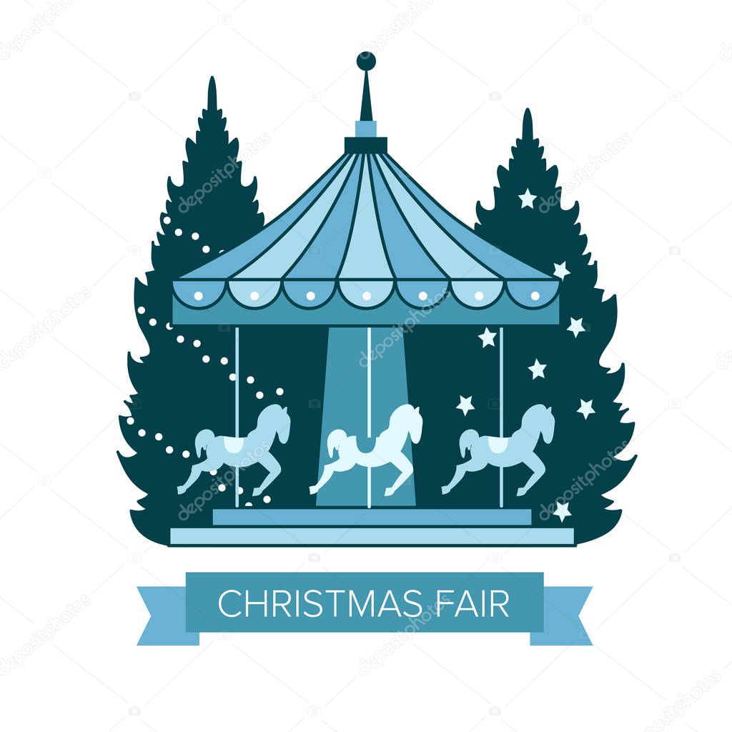 Winter Christmas fair market, Happy New year and Christmas Europe city, carousel with horses, Christmas trees, city winter landscape. Blanks for advertising flyer, postcard, postcard