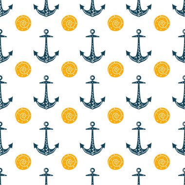 Çapa ve kabukları ile sorunsuz okyanus arka plan. Yaz vektör tasarımı. Desen dolgularını, duvar kağıdı, baskı için kağıt ambalaj giysi,