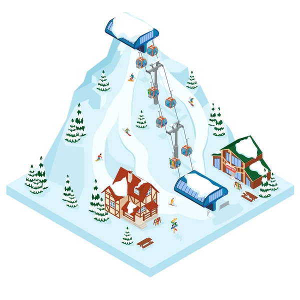 Estación de esquí camino góndola vacaciones. Invierno de vacaciones al aire libre actividad deportiva en los Alpes, paisaje con vistas a la montaña y bosque. Chalet de pueblo alpino. Ilustración de vectores isométricos 3d de estilo plano — Archivo Imágenes Vectoriales