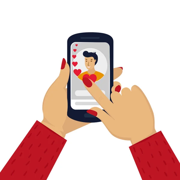 Kadın el telefon ile bir adam portresi ile tutarak. İnternet online aşk sohbet. Online dating veya site çıkıyor. Uzun mesafe ilişkisi kavramı. Düz çizgi film vektör çizim. Kavramı