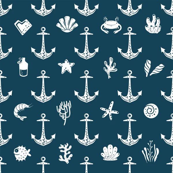 Seamless Ocean Background Anchor Shells Summer Vector Design Pattern Fills — Stock Vector