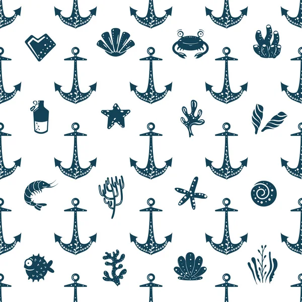 Sömlös ocean bakgrund med ankare och skal. Sommaren vektor design. För skuggmönster, tapeter, skriva ut för clothers, för skuggmönster, tapeter, print för clothers, omslagspapper — Stock vektor