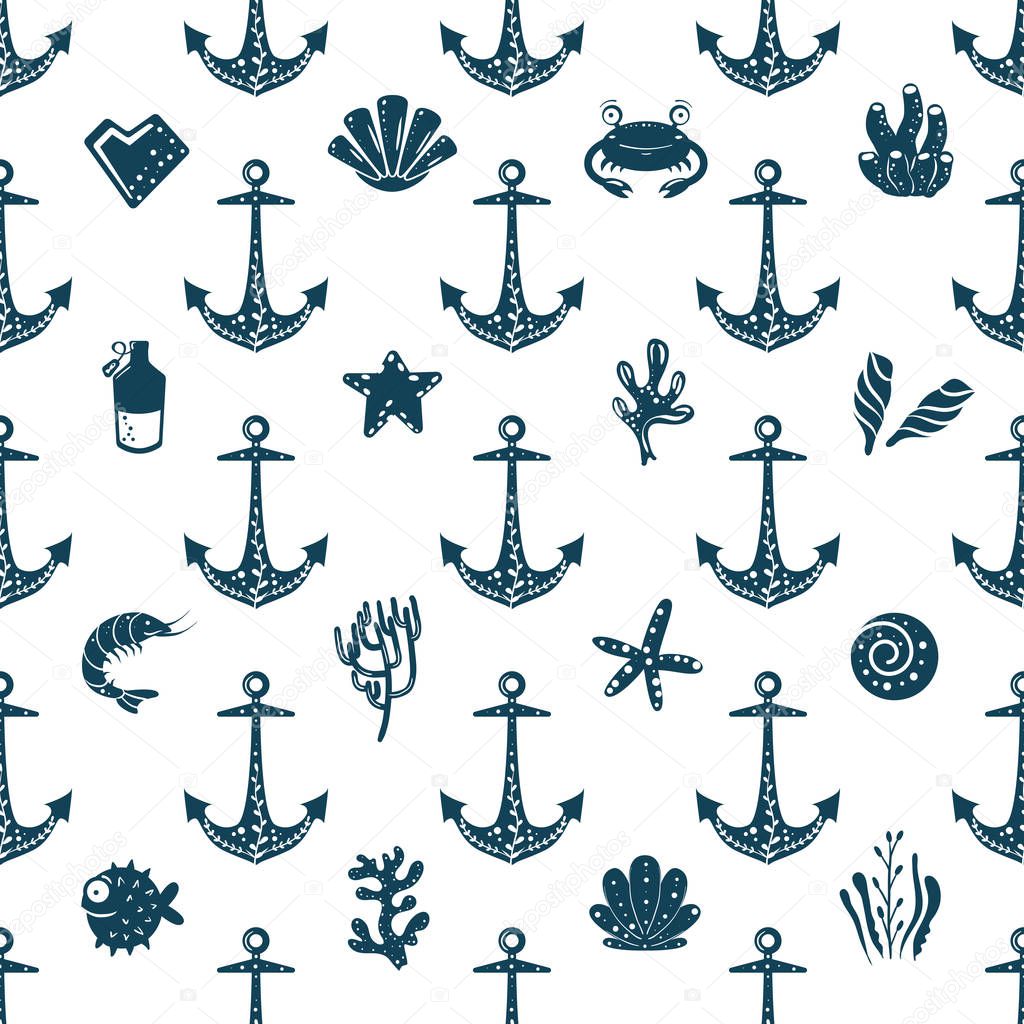 Seamless ocean background with anchor and shells. Summer vector design. For pattern fills, wallpaper, print for clothers, For pattern fills, wallpaper, print for clothers, wrapping paper