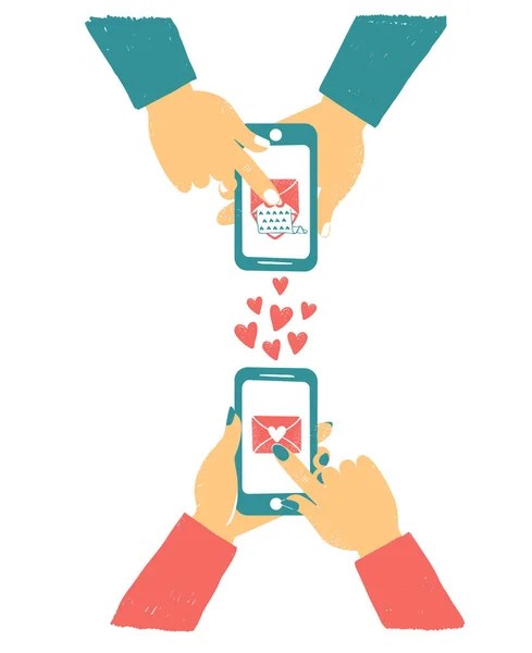 Mens en womens hand met telefoon met liefde mails. Online liefde chat op internet. Als de knop. Liefdesbrieven naar elkaar sturen. Valentines day concept in internet — Stockvector