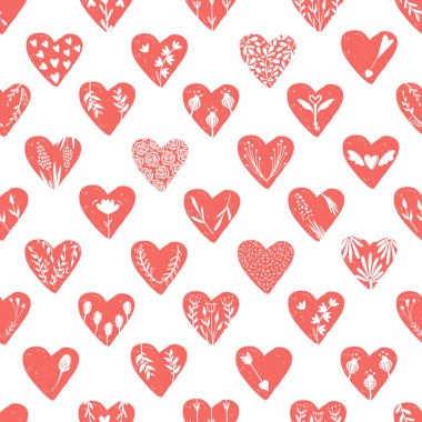 Vektör koleksiyonları şeffaf arka plan üzerinde izole elle çizilmiş kalplerin. Sevgililer günü clipart seviyorum. Kalp şekli dekore edilmiş çiçek öğeleri: gül, lale, kanatlı, ok anahtar. Seamless modeli
