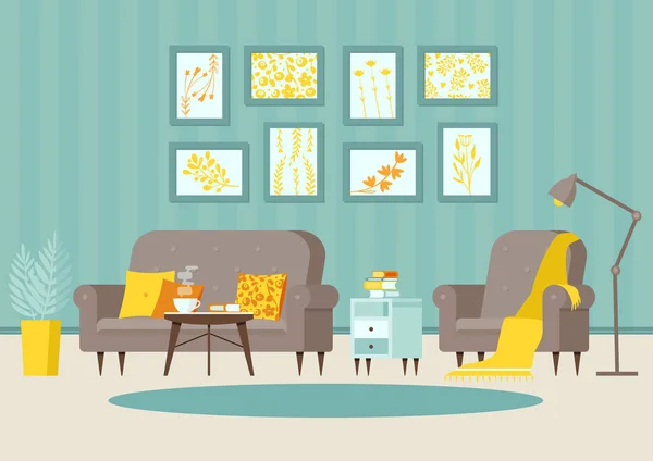 Salon confortable avec fauteuil et canapé, table de chevet avec livres, affiches sur le mur et papier peint rayé, lampe. Bleu, gris et jaune. Illustration vectorielle — Image vectorielle