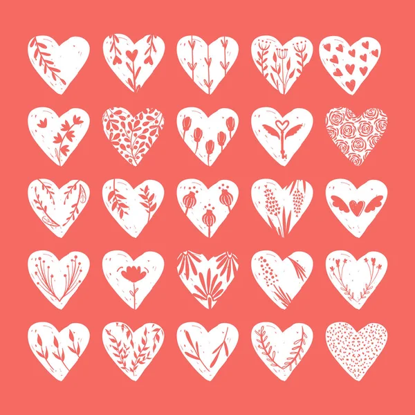 Vektor-Kollektionen handgezeichneter Herzen isoliert auf transparentem Hintergrund. Liebe Valentinstag Clipart. Herzform verzierte florale Elemente: Rose, Tulpe, Schlüssel mit Flügeln, Pfeile — Stockvektor