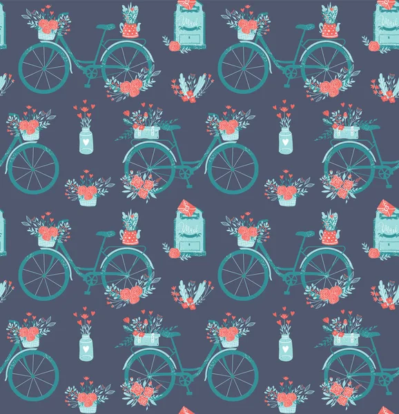 Seamless pattern with cute girly bike. Romantic bouquets of flowers in basket and love mail letters in mailbox. Cute background love valentines day or wedding concept