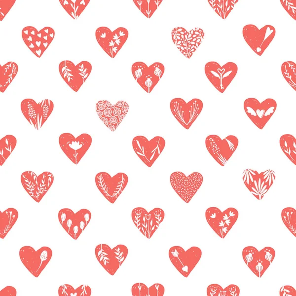 Vektor nahtlose Muster mit handgezeichneten Herzen isoliert auf transparentem Hintergrund. Liebe Valentinstag Clipart. Herzform verzierte florale Elemente: Rose, Tulpe, Schlüssel mit Flügeln, Pfeile — Stockvektor