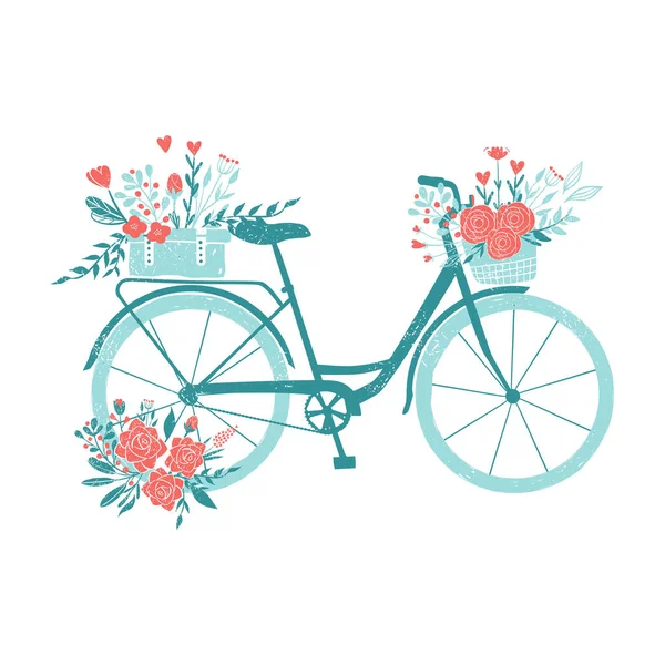 Vélo dessiné à la main, vélo romantique avec des fleurs, vélo rétro pour le petit déjeuner avec bouquets — Image vectorielle