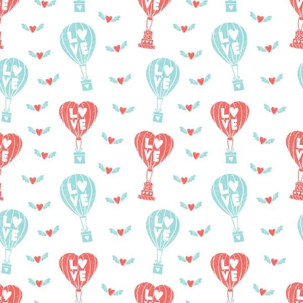 Einfaches Muster. Luftballons sind ein Geschenk. Herzen fliegen auf Flügeln. romantisches Thema für die Weihnachtsdekoration. Luftballon mit dem Wort Liebe — Stockvektor