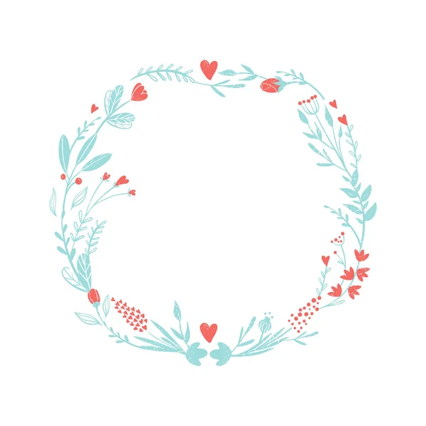 Pasztell színű virágok koszorút: rózsaszín és kék. Rusztikus stílusú romantikus design színek készlete. A szerelem kártya virágok és szívek Schulz Barnabás — Stock Vector