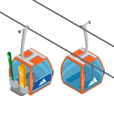 Ski Lift gondol hareket. Beyaz arka plan üzerinde izole. Kış taşıma reklam el ilanı, posta kartı veya banner gösterimi