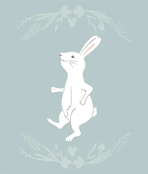 Easter Bunny character. Happy running and dancing bunnies. Flower frame silhouette