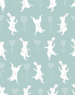 Farklı pozlar Paskalya bunny karakter koleksiyonu. Mutlu koşu ve dans tavşanları. Dikişsiz desen