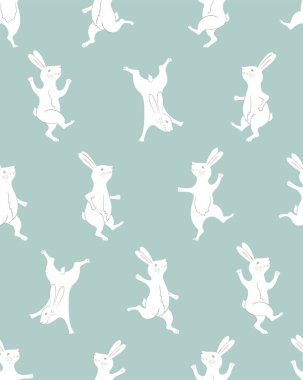 Farklı pozlar Paskalya bunny karakter koleksiyonu. Mutlu koşu ve dans tavşanları. Dikişsiz desen