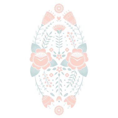 Stilize desen, halk sanatı, kırmızı ve yeşil renklerde çiçek süsleme. Simetrik desen vektör arka plan. Pembe ve mavi renkler