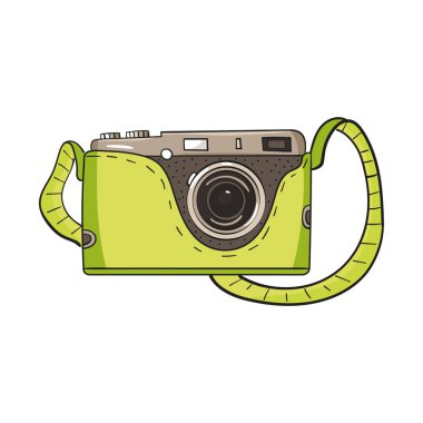 Karikatür tarzında yeşil retro kamera. Beyaz arka planda yalıtılmış tek nesne