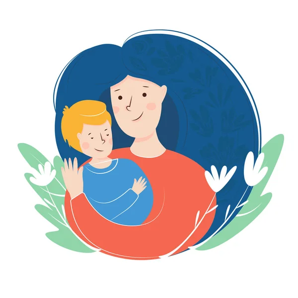 Moeder en zoon knuffelen. Mothers Day Card over moeders liefde en zorg. Platte illustratie — Stockvector
