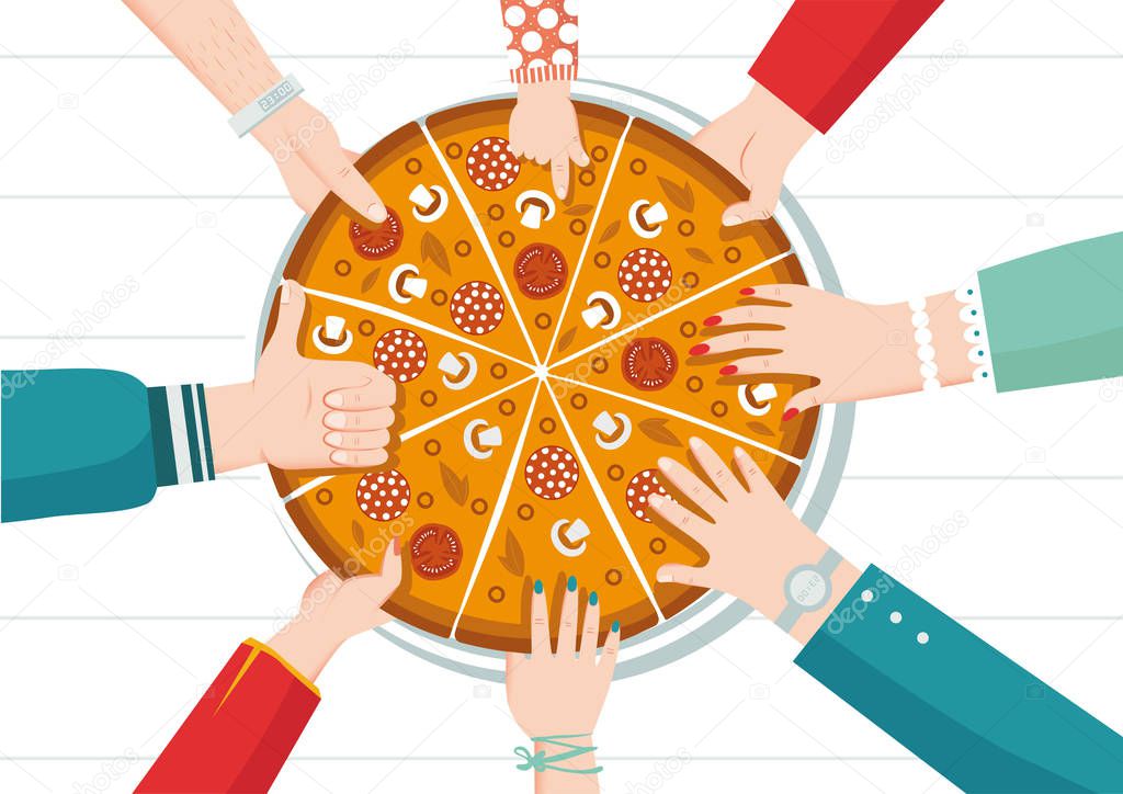 Round big pizza, slices triangle, italian restaurant menu, snack food ingredients for pizza. Family party. Dinner with friends. Everyone takes a piece