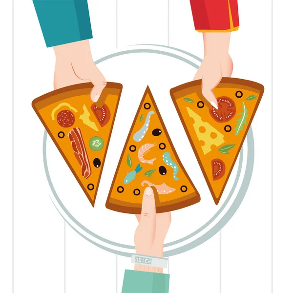 Yuvarlak büyük pizza, dilimüçgen, İtalyan restoran menüsü. Aile partisi. Arkadaşlarla akşam yemeği. Herkes bir parça alır. Her parçanın kendi tadı vardır..