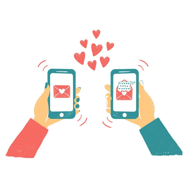 Mens 및 여자 손을 잡고 사랑 메일 전화. 인터넷에서 온라인 사랑 채팅입니다. 같은 버튼을 누릅니다. 서로 게 사랑의 편지를 보냅니다. 인터넷에서 발렌타인 개념 — 스톡 벡터