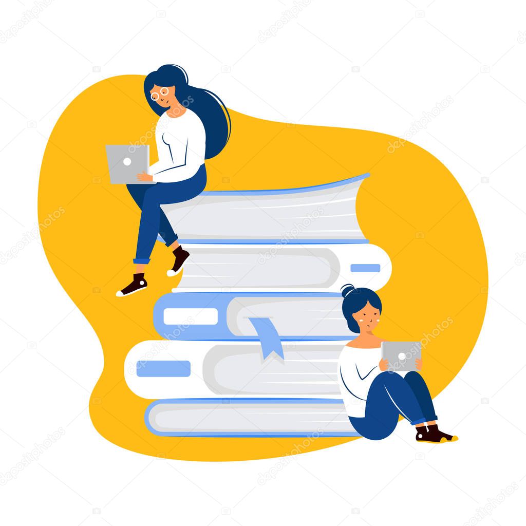 Online education concept. Girls sit on stack of books and hold digital devices. Online library