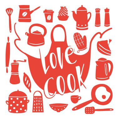 Mutfak ekipmanları doodle tarzı. Farklı pişirme aletleri. Düz tarzda neşeli ve parlak illüstrasyon