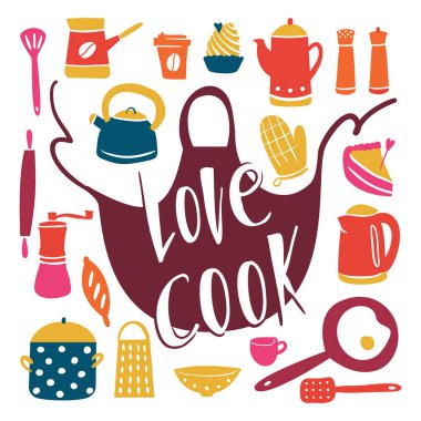 Mutfak ekipmanları doodle tarzı. Farklı pişirme aletleri. Düz tarzda neşeli ve parlak illüstrasyon