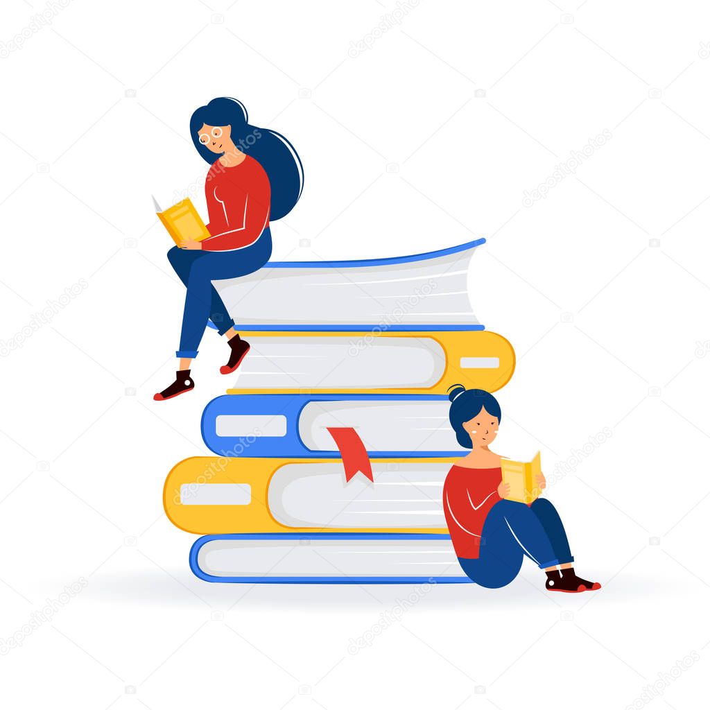 Two girls sitting on a stack of books and reading. Female character read a book. The concept of training, education, literary festival.