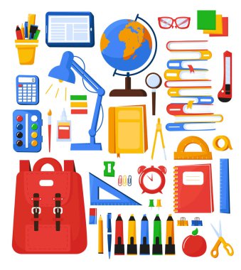 Okul malzemelerinin toplanması. Okula geri dön. Okul ya da kolej için kırtasiye. Okul çantası içindekiler. Düz tarzda vektör çizimi